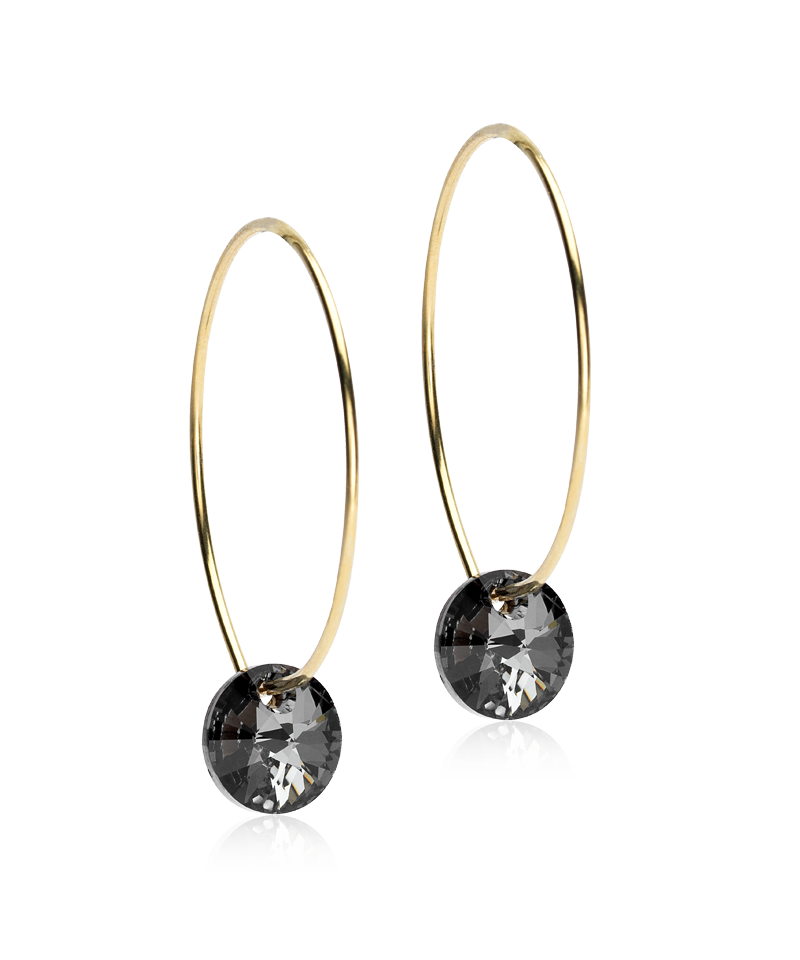 Gullhúðaðir 25mm hring eyrnalokkar með 8mm hangandi gráum kristal steini
